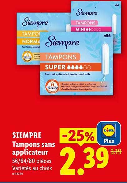 SIEMPRE Tampons sans applicateur 56/64/80 pièces Variétés au choix