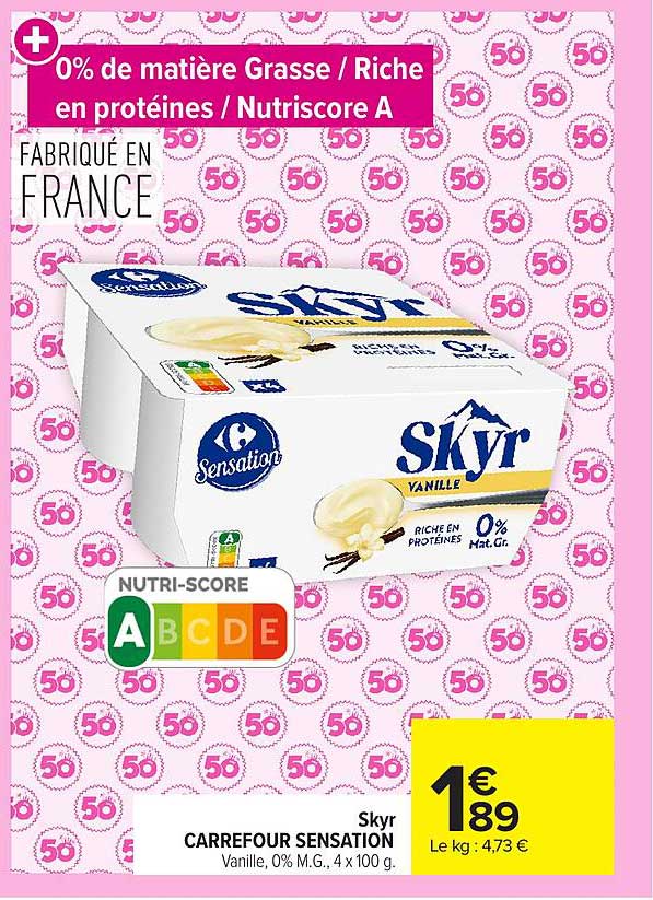 Skyr CARREFOUR SENSATION Vanille, 0% M.G., 4 x 100 g