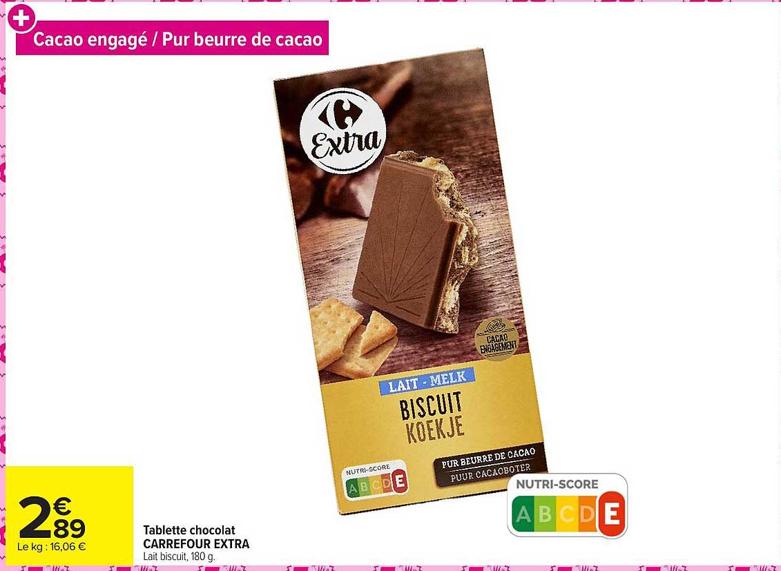 Tablette chocolat CARREFOUR EXTRA Lait biscuit, 180 g.