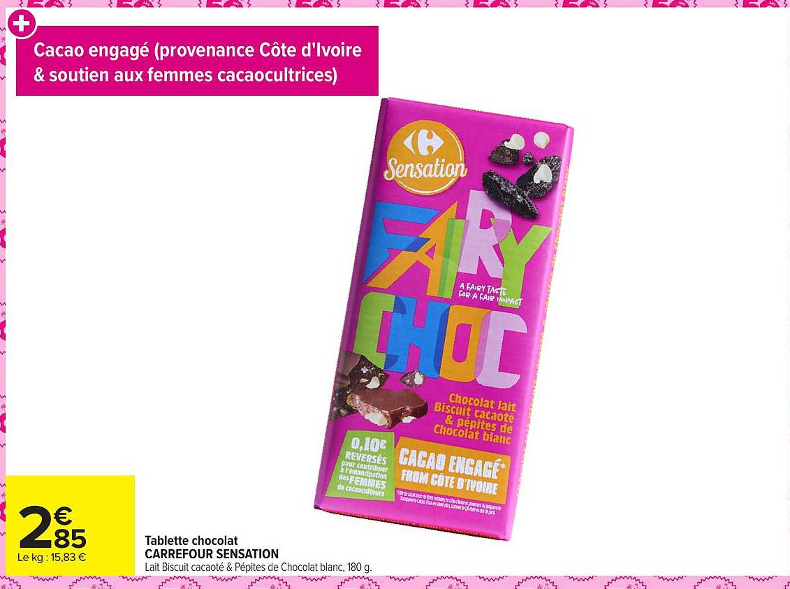 Tablette chocolat CARREFOUR SENSATION Lait Biscuit cacaoé & Pépites de Chocolat blanc, 180 g.