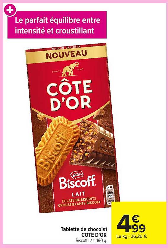 Tablette de chocolat CÔTE D'OR Biscoff Lait, 190 g.