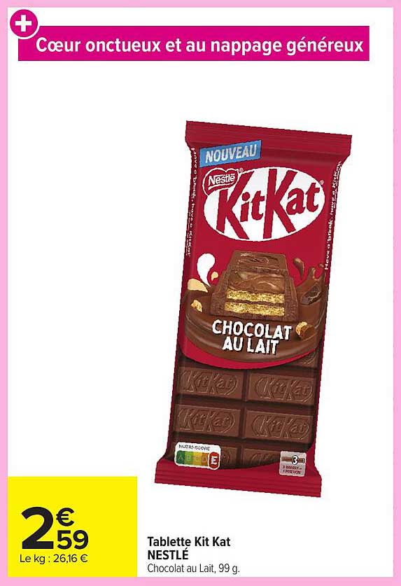 Tablette Kit Kat NESTLÉ Chocolat au Lait, 99 g.