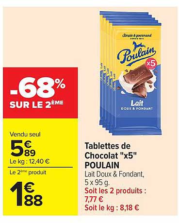 Tablettes de Chocolat "x5" POULAIN Lait Doux & Fondant, 5 x 95 g. Soit les 2 produits : 7,77 € Soit le kg : 8,18 €