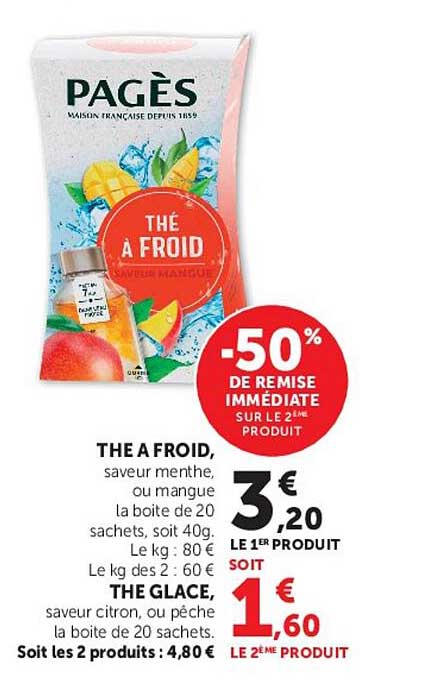 THE A FROID, saveur menthe, ou mangue la boite de 20 sachets, soit 40g. Le kg : 80 € Le kg des 2 : 60 € THE GLACE, saveur citron, ou pêche la boite de 20 sachets.