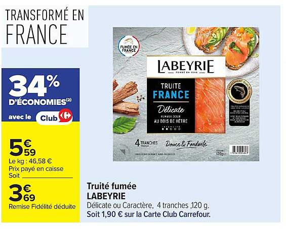 Truite fumée LABEYRIE Délicate ou Caractère, 4 tranches, 120 g.
