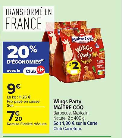 Wings Party MAÎTRE COQ Barbecue, Mexicain, Nature, x 2, 400 g