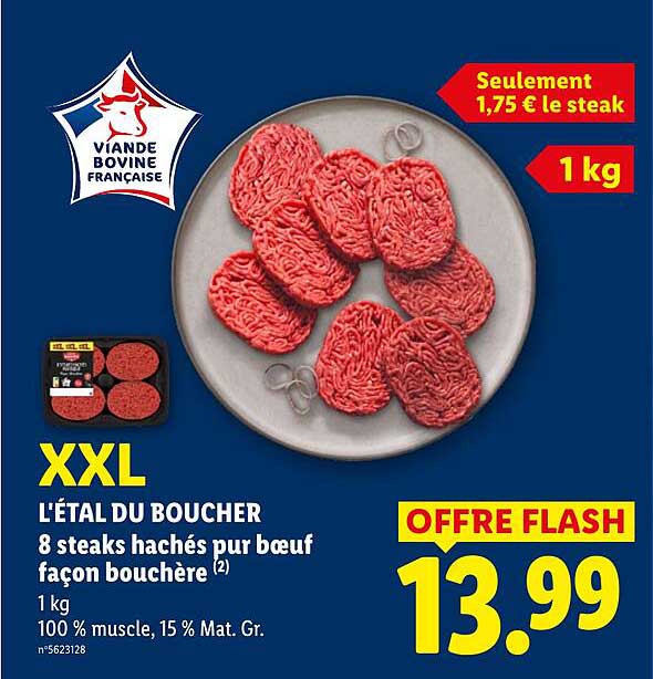 XXL L'ÉTAL DU BOUCHER 8 steaks hachés pur bœuf façon bouchère (2) 1 kg 100 % muscle, 15 % Mat. Gr.