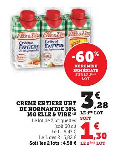 CREME ENTIERE UHT DE NORMANDIE 30% MG ELLE & VIRE