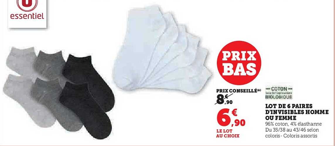 LOT DE 6 PAIRES D'INVISIBLES HOMME OU FEMME