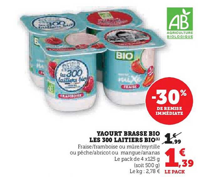 YAOURT BRASSE BIO LES 300 LAITIERS BIO