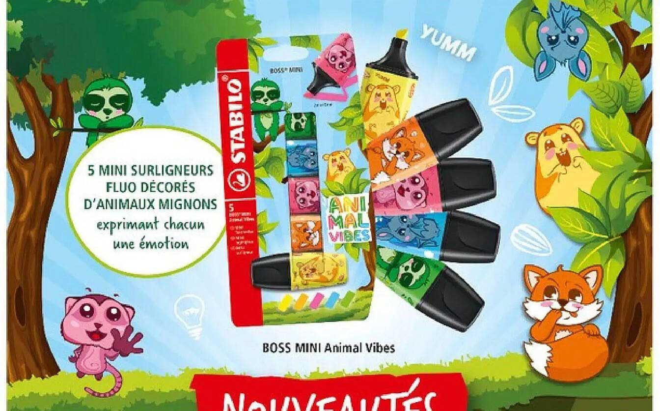 5 MINI SURLIGNEURS FLUO DÉCORÉS D'ANIMAUX MIGNONS exprimant chacun une émotion