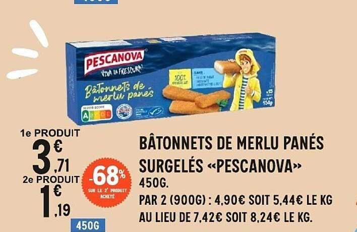 BÂTONNETS DE MERLU PANÉS SURGELÉS «PESCANOVA» 450G. PAR 2 (900G) : 4,90€ SOIT 5,44€ LE KG AU LIEU DE 7,42€ SOIT 8,24€ LE KG.