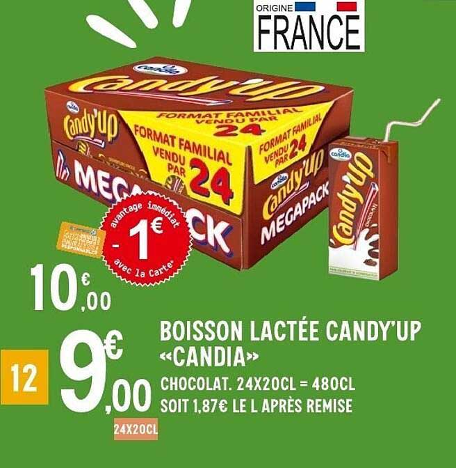 BOISSON LACTÉE CANDY'UP «CANDIA» CHOCOLAT. 24X20CL = 480CL SOIT 1,87€ LE L APRÈS REMISE