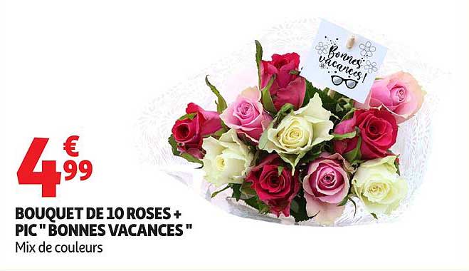 BOUQUET DE 10 ROSES + PIC " BONNES VACANCES "