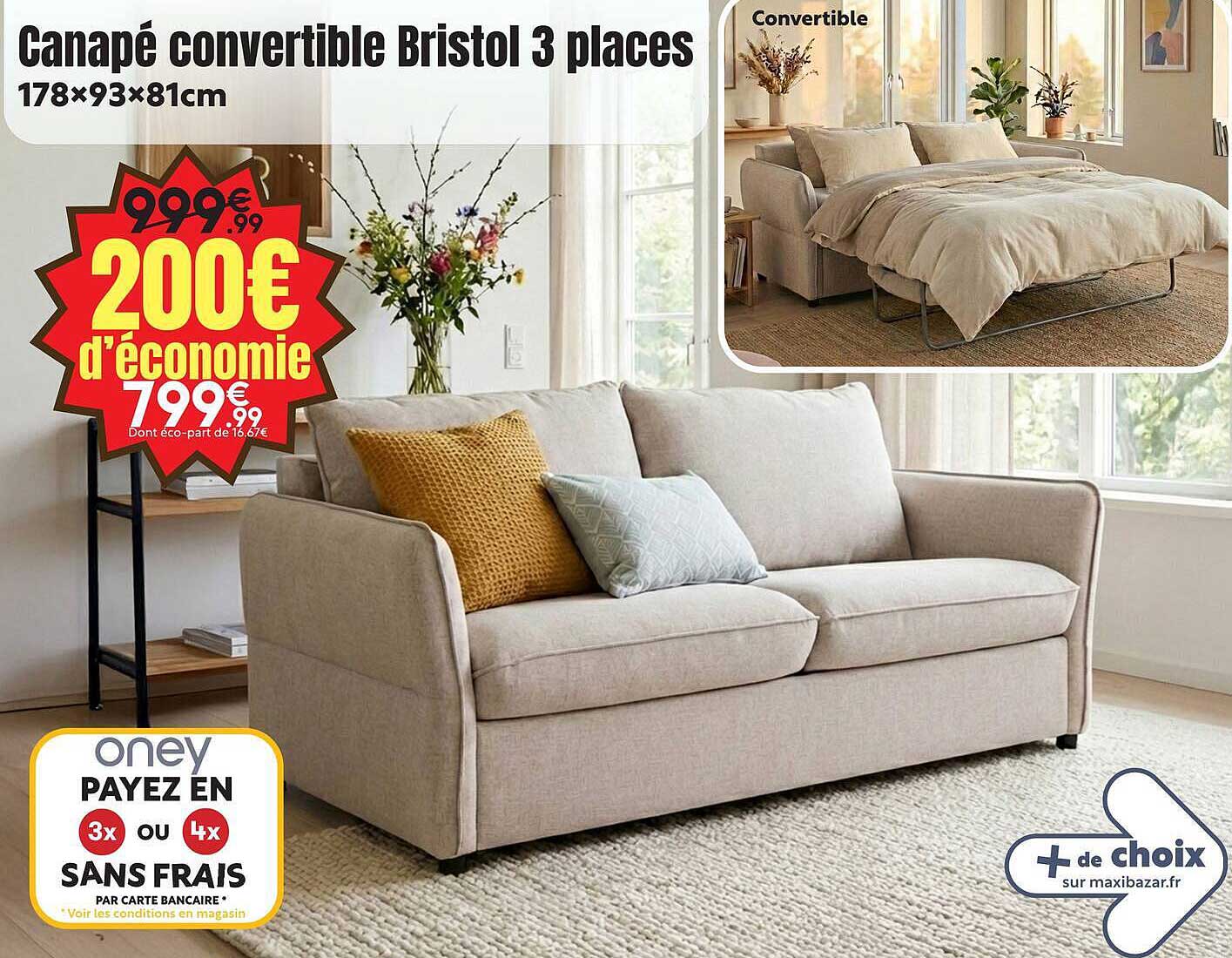 Canapé convertible Bristol 3 places 178×93×81cm