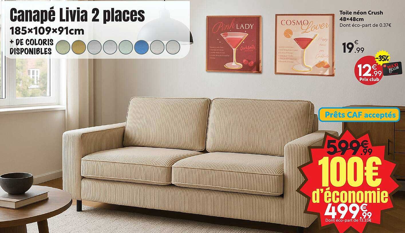 Canapé Livia 2 places 185×109×91cm + de coloris disponibles