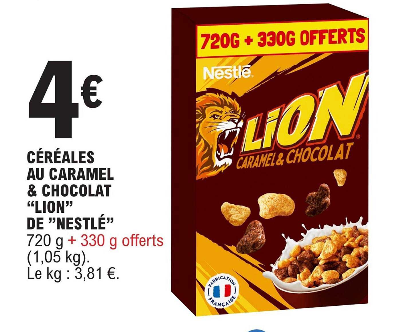 CÉRÉALES AU CARAMEL & CHOCOLAT “LION” DE ”NESTLÉ” 720 g + 330 g offerts (1,05 kg). Le kg : 3,81 €.