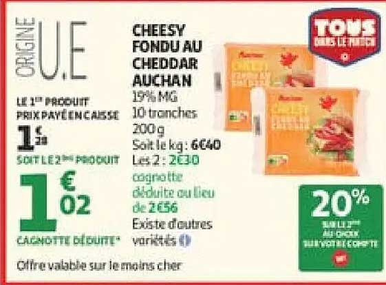 CHEESY FONDU AU CHEDDAR AUCHAN 19% MG 10 tranches 200g