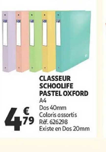CLASSEUR SCHOOLIFE PASTEL OXFORD A4 Dos 40mm Coloris assortis Réf. 626298 Existe en Dos 20mm