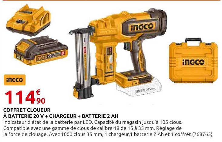 COFFRET CLOUEUR À BATTERIE 20 V + CHARGEUR + BATTERIE 2 AH