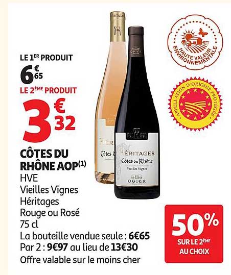 CÔTES DU RHÔNE AOP(1) HVE Vieilles Vignes Héritages Rouge ou Rosé 75 cl