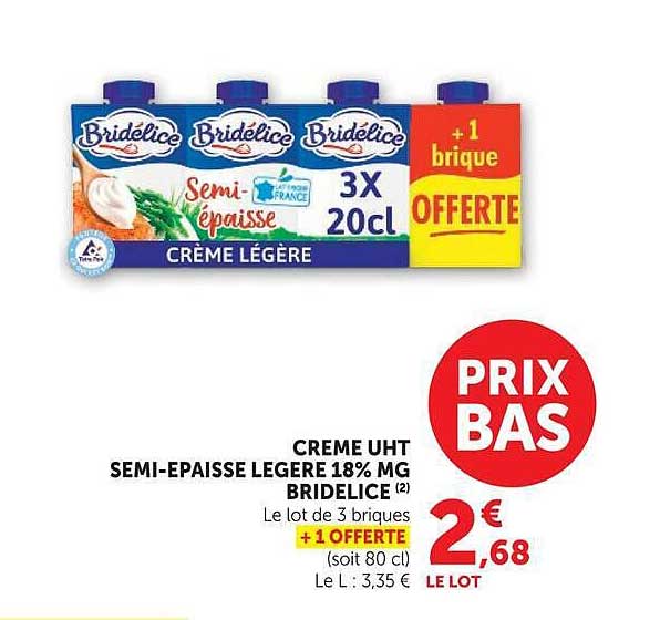 CREME UHT SEMI-EPAISSE LEGERE 18% MG BRIDELICE (2) Le lot de 3 briques + 1 OFFERTE