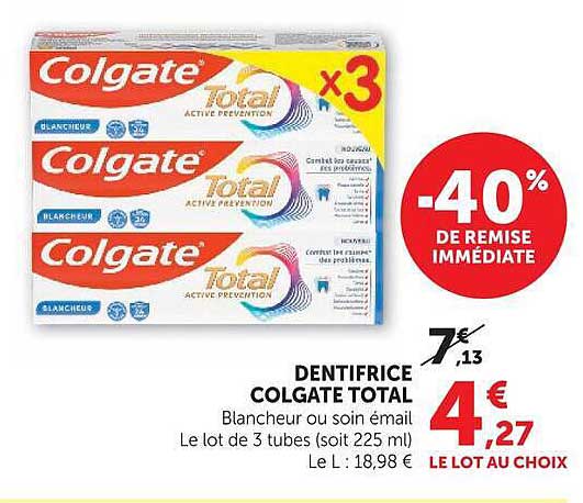 DENTIFRICE COLGATE TOTAL Blancheur ou soin émail Le lot de 3 tubes (soit 225 ml)