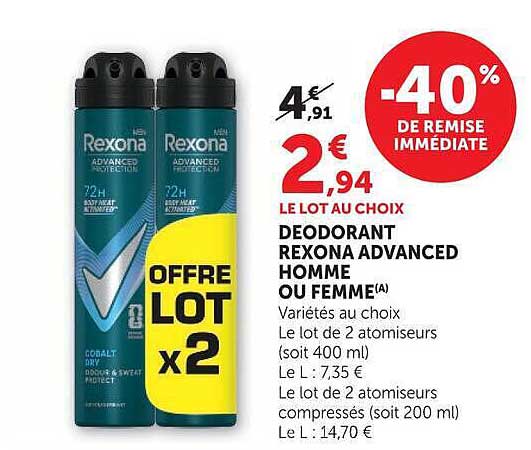 DEODORANT REXONA ADVANCED HOMME OU FEMME(A)