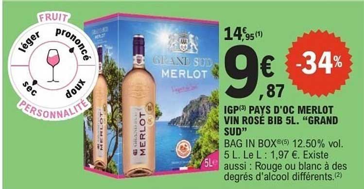 IGP PAYS D'OC MERLOT VIN ROSÉ BIB 5L. “GRAND SUD”
