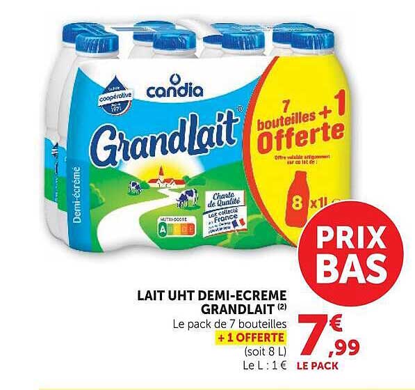 LAIT UHT DEMI-ECRÉME GRANDLAIT (+1 OFFERTE)