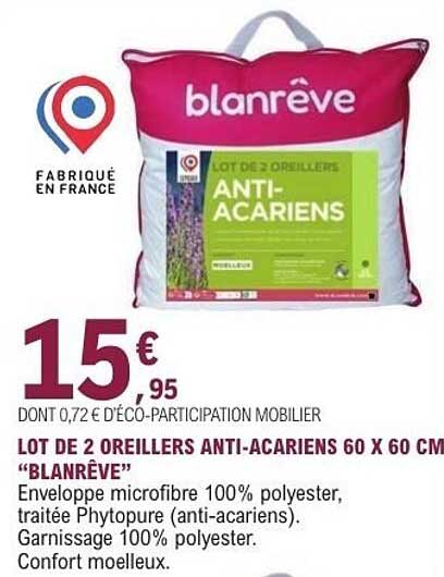 LOT DE 2 OREILLERS ANTI-ACARIENS 60 X 60 CM “BLANRÊVE”