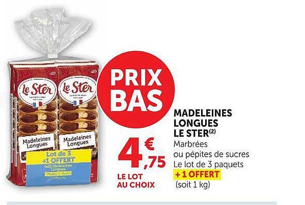 MADELEINES LONGUES LE STER(2) Marbrées ou pépites de sucres Le lot de 3 paquets + 1 OFFERT (soit 1 kg)