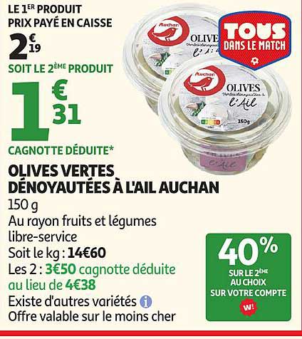 OLIVES VERTES DÉNOYAUTÉES À L'AIL AUCHAN