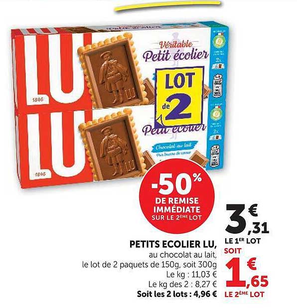 PETITS ECOLIER LU, au chocolat au lait, le lot de 2 paquets de 150g, soit 300g