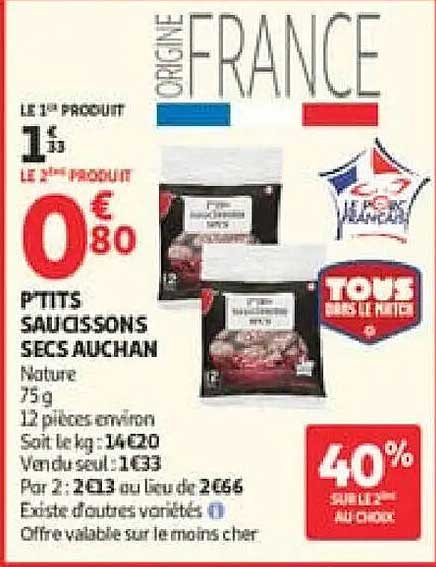 P’TITS SAUCISSONS SECS AUCHAN Nature 75 g