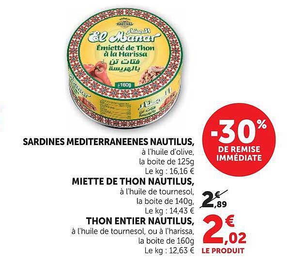 SARDINES MEDITERRANEENNES NAUTILUS, à l'huile d'olive, la boite de 125g