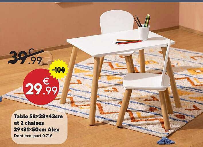Table 58×38×43cm et 2 chaises 29×31×50cm Alex
