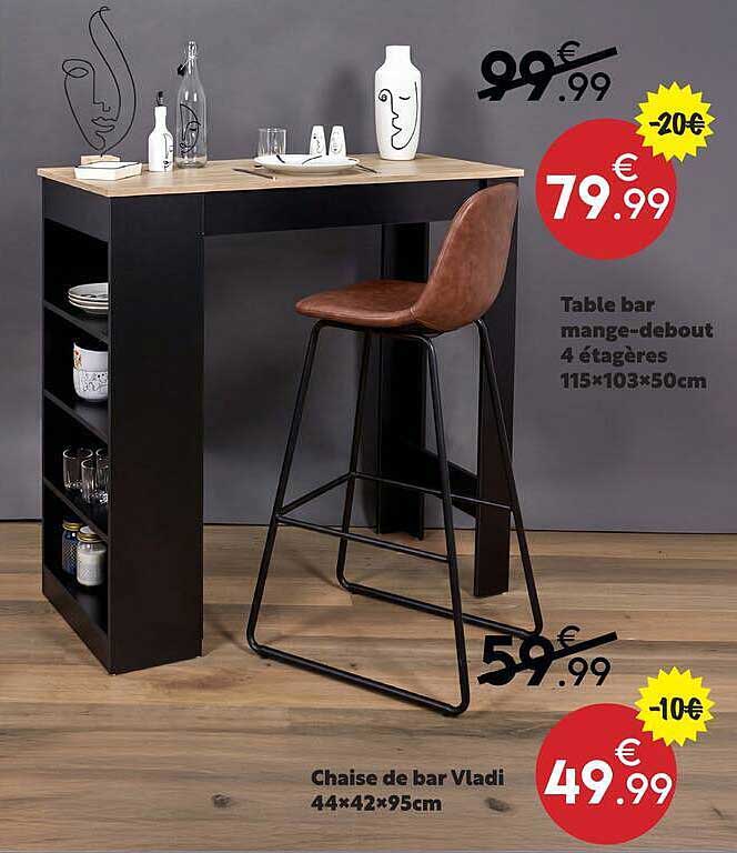 Table bar mange-debout 4 étagères 115×103×50cm