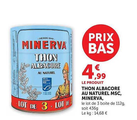 THON ALBACORE AU NATUREL MSC, MINERVA, le lot de 3 boîte de 112g, soit 436g