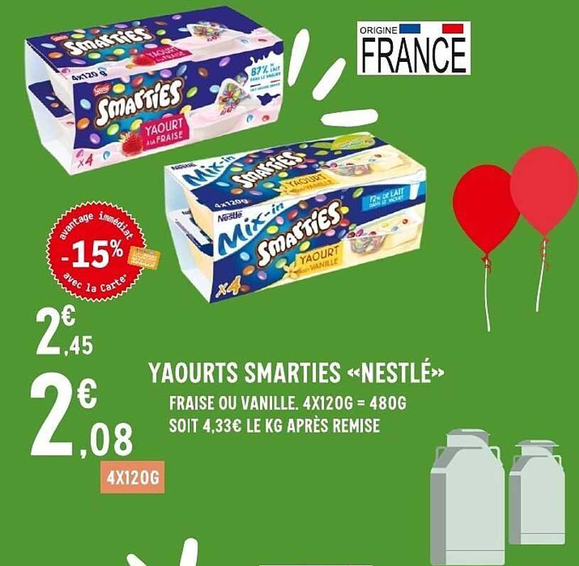 YAOURTS SMARTIES «NESTLÉ» FRAISE OU VANILLE, 4X120G = 480G SOIT 4,33€ LE KG APRÈS REMISE