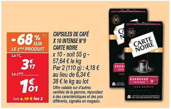 CAPSULES DE CAFÉ X 10 INTENSE N°9 CARTE NOIRE