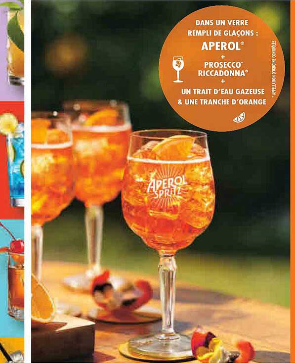 DANS UN VERRE REMPLI DE GLACONS : APEROL® + PROSECCO RICCARDONNA® + UN TRAIT D'EAU GAZEUSE & UNE TRANCHE D'ORANGE
