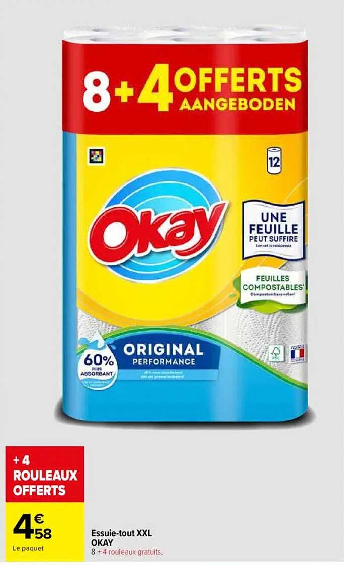 Essuie-tout XXL OKAY - 8 + 4 rouleaux offerts