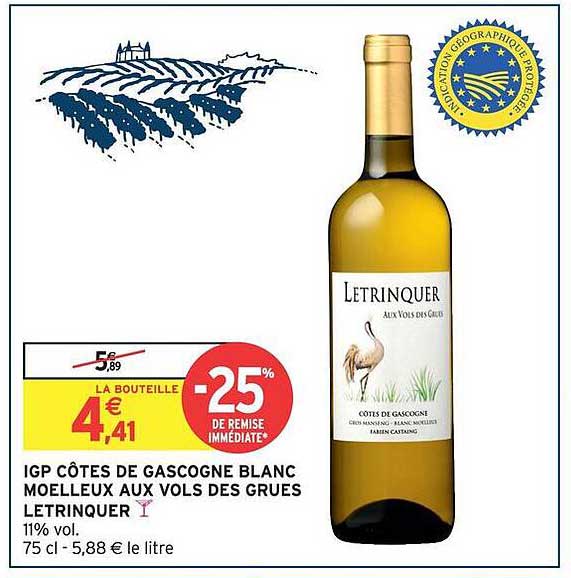 IGP CÔTES DE GASCOGNE BLANC MOELLEUX AUX VOLS DES GRUES LETRINQUER