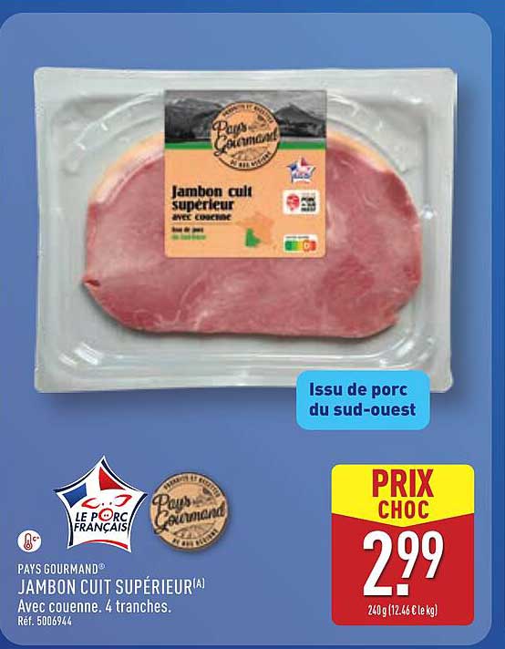 Jambon cuit supérieur avec couenne