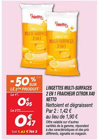 LINGETTES MULTI-SURFACES 2 EN 1 FRAICHEUR CITRON X40 NETTO