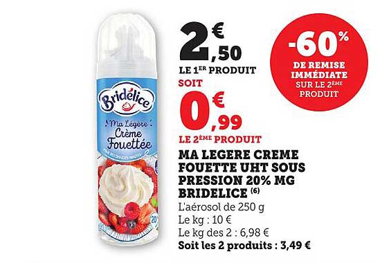 MA LEGERE CREME FOUETTE UHT SOUS PRESSION 20% MG BRIDELICE