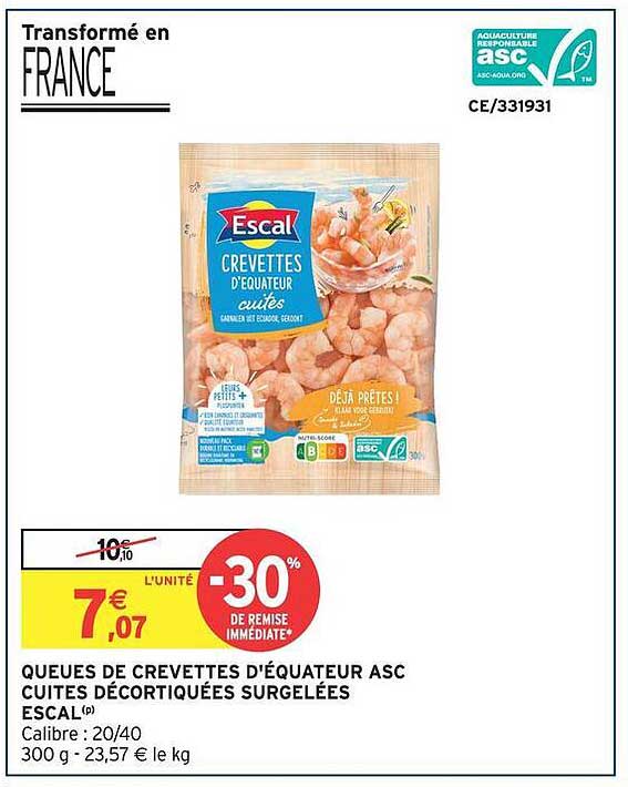 QUEUES DE CREVETTES D'ÉQUATEUR ASC CUITES DÉCORTIQUÉES SURGELÉES ESCAL