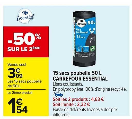 15 sacs poubelle 50 L CARREFOUR ESSENTIAL
