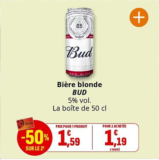 Bière blonde BUD 5% vol. La boîte de 50 cl